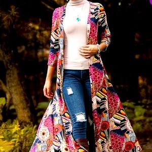 Navy & Pink Abstract Button Up Maxi Dress